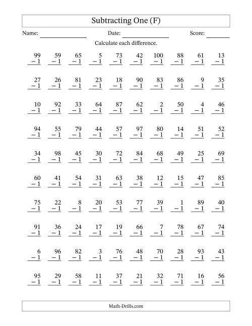 The Subtracting One With Differences from 0 to 99 – 100 Questions (F) Math Worksheet