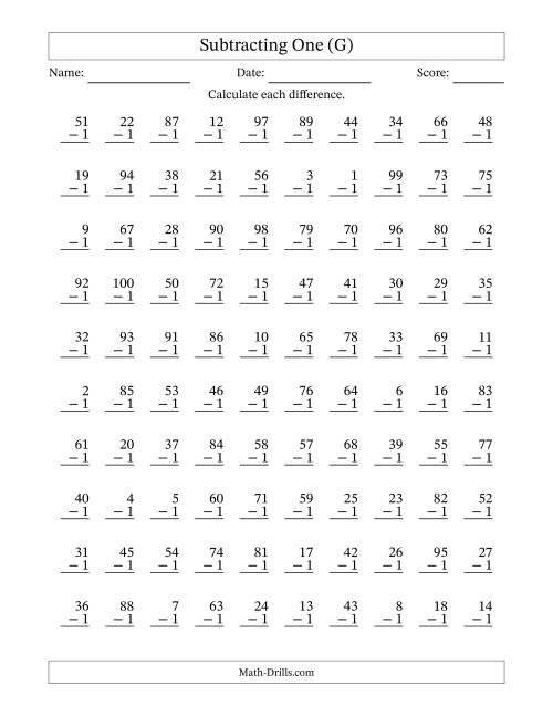 The Subtracting One With Differences from 0 to 99 – 100 Questions (G) Math Worksheet