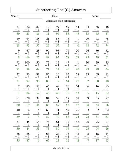The Subtracting One With Differences from 0 to 99 – 100 Questions (G) Math Worksheet Page 2