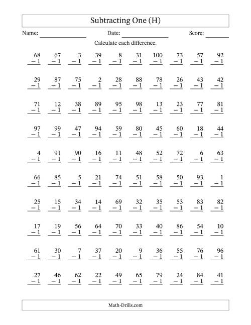 The Subtracting One With Differences from 0 to 99 – 100 Questions (H) Math Worksheet