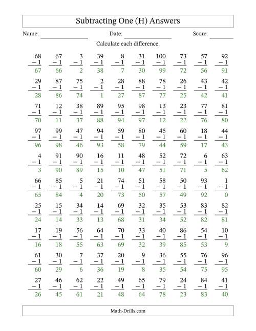 The Subtracting One With Differences from 0 to 99 – 100 Questions (H) Math Worksheet Page 2