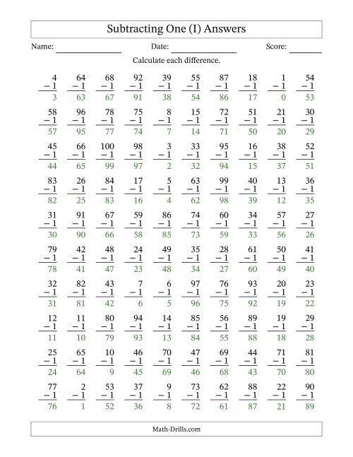 The Subtracting One With Differences from 0 to 99 – 100 Questions (I) Math Worksheet Page 2