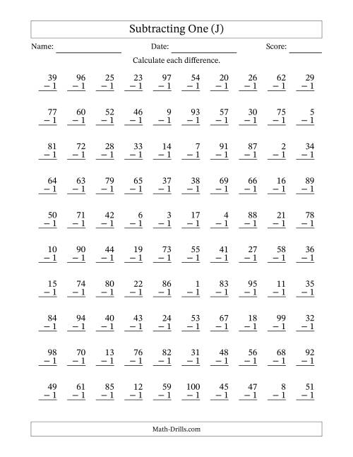 The Subtracting One With Differences from 0 to 99 – 100 Questions (J) Math Worksheet