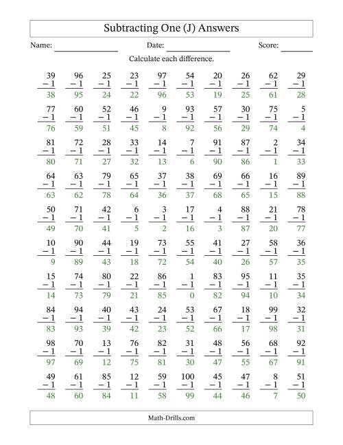 The Subtracting One With Differences from 0 to 99 – 100 Questions (J) Math Worksheet Page 2