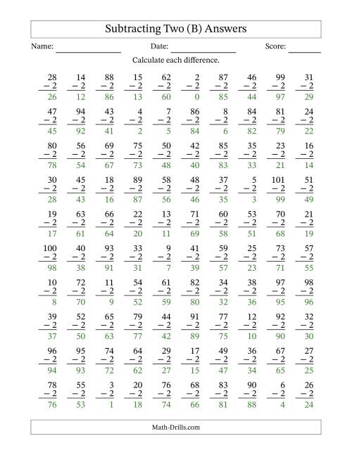 The Subtracting Two With Differences from 0 to 99 – 100 Questions (B) Math Worksheet Page 2