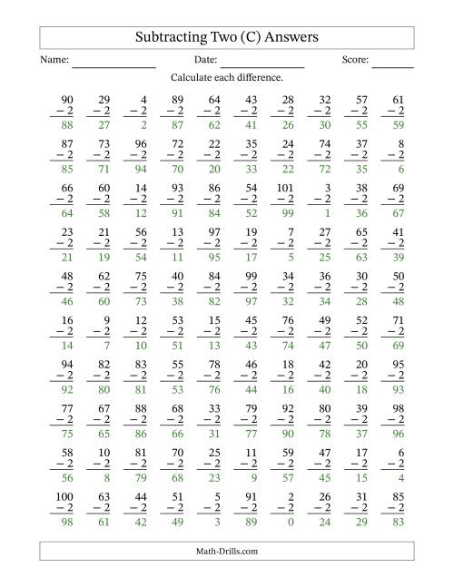 The Subtracting Two With Differences from 0 to 99 – 100 Questions (C) Math Worksheet Page 2