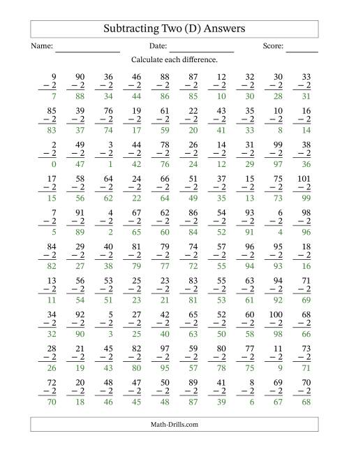 The Subtracting Two With Differences from 0 to 99 – 100 Questions (D) Math Worksheet Page 2