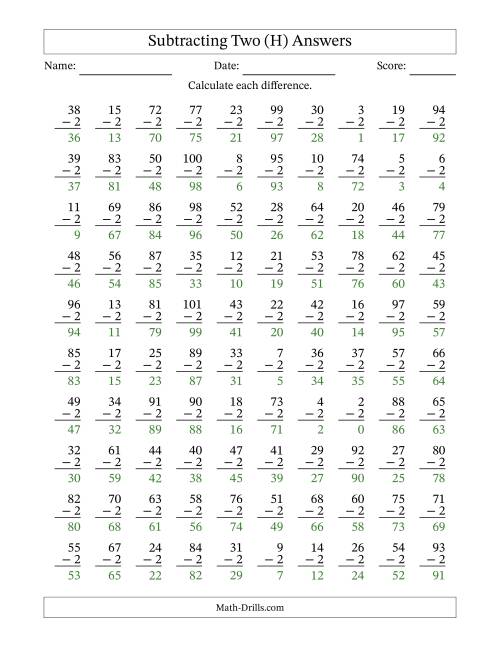 The Subtracting Two With Differences from 0 to 99 – 100 Questions (H) Math Worksheet Page 2