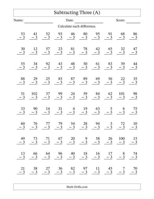 The Subtracting Three With Differences from 0 to 99 – 100 Questions (A) Math Worksheet