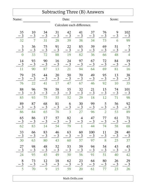 The Subtracting Three With Differences from 0 to 99 – 100 Questions (B) Math Worksheet Page 2
