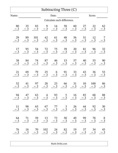 The Subtracting Three With Differences from 0 to 99 – 100 Questions (C) Math Worksheet