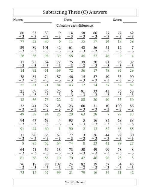 The Subtracting Three With Differences from 0 to 99 – 100 Questions (C) Math Worksheet Page 2
