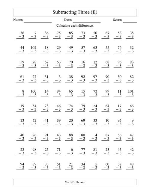 The Subtracting Three With Differences from 0 to 99 – 100 Questions (E) Math Worksheet