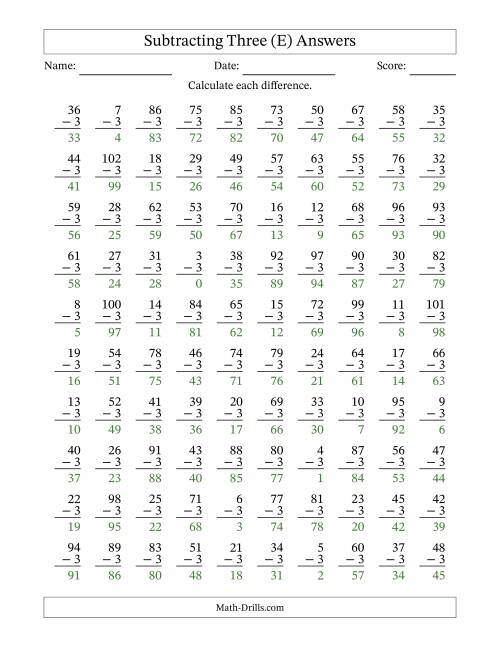 The Subtracting Three With Differences from 0 to 99 – 100 Questions (E) Math Worksheet Page 2