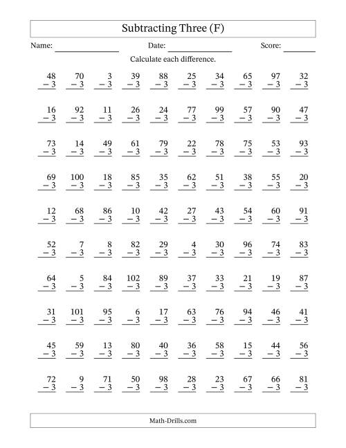 The Subtracting Three With Differences from 0 to 99 – 100 Questions (F) Math Worksheet