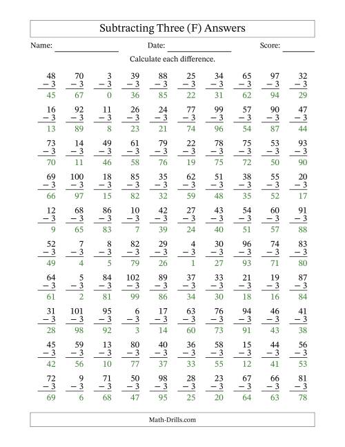The Subtracting Three With Differences from 0 to 99 – 100 Questions (F) Math Worksheet Page 2