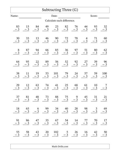 The Subtracting Three With Differences from 0 to 99 – 100 Questions (G) Math Worksheet