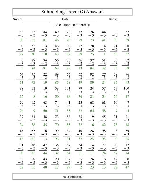 The Subtracting Three With Differences from 0 to 99 – 100 Questions (G) Math Worksheet Page 2