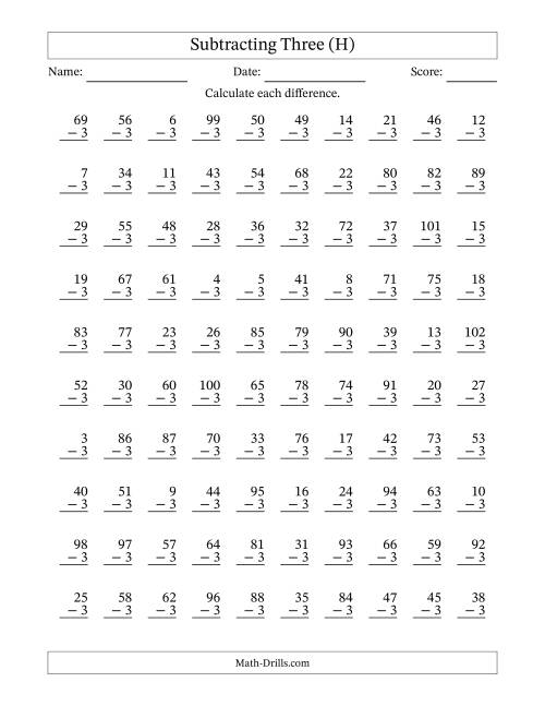 The Subtracting Three With Differences from 0 to 99 – 100 Questions (H) Math Worksheet