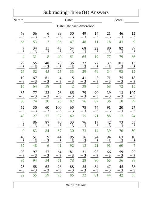 The Subtracting Three With Differences from 0 to 99 – 100 Questions (H) Math Worksheet Page 2