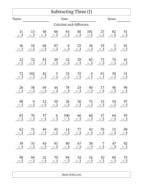 The Subtracting Three With Differences from 0 to 99 – 100 Questions (I) Math Worksheet