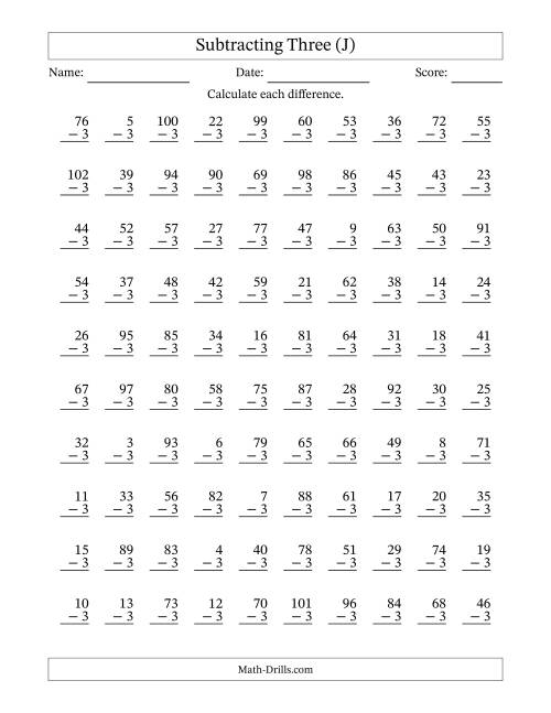 The Subtracting Three With Differences from 0 to 99 – 100 Questions (J) Math Worksheet
