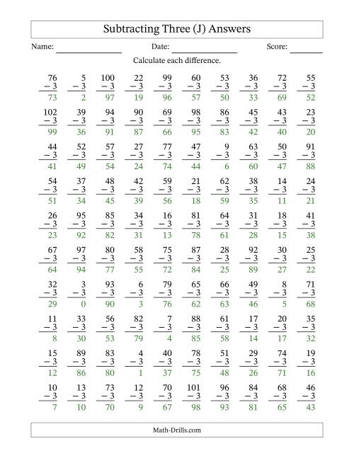 The Subtracting Three With Differences from 0 to 99 – 100 Questions (J) Math Worksheet Page 2