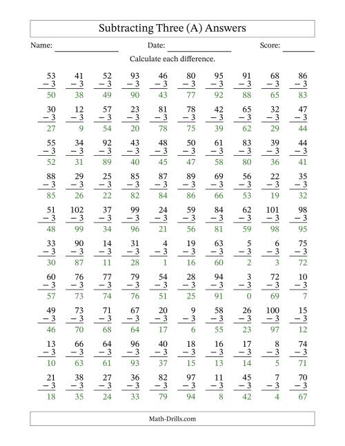 The Subtracting Three With Differences from 0 to 99 – 100 Questions (All) Math Worksheet Page 2