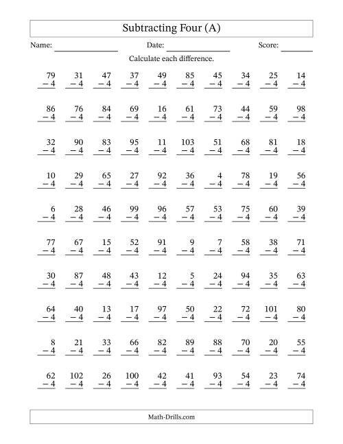 The Subtracting Four With Differences from 0 to 99 – 100 Questions (A) Math Worksheet