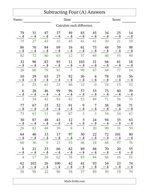 The Subtracting Four With Differences from 0 to 99 – 100 Questions (A) Math Worksheet Page 2