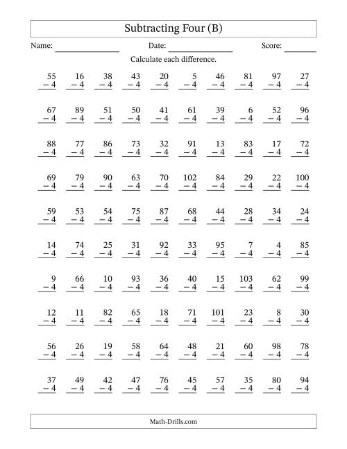 The Subtracting Four With Differences from 0 to 99 – 100 Questions (B) Math Worksheet
