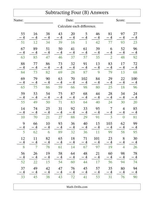 The Subtracting Four With Differences from 0 to 99 – 100 Questions (B) Math Worksheet Page 2