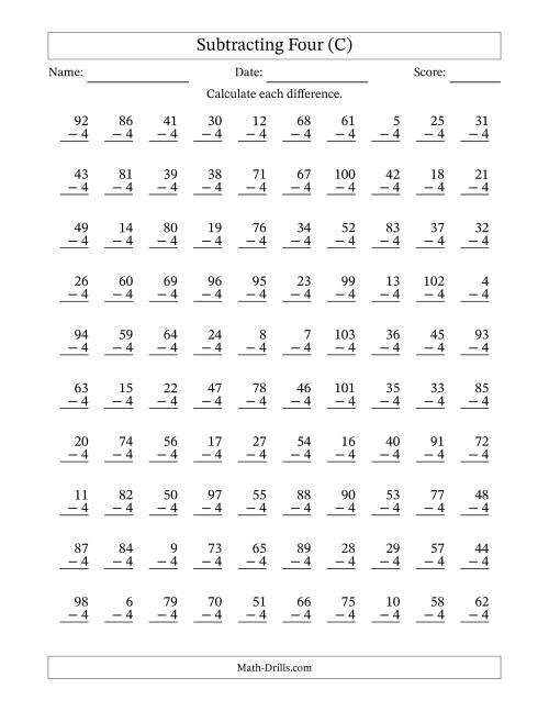 The Subtracting Four With Differences from 0 to 99 – 100 Questions (C) Math Worksheet