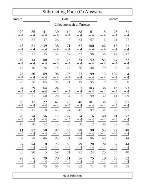 The Subtracting Four With Differences from 0 to 99 – 100 Questions (C) Math Worksheet Page 2