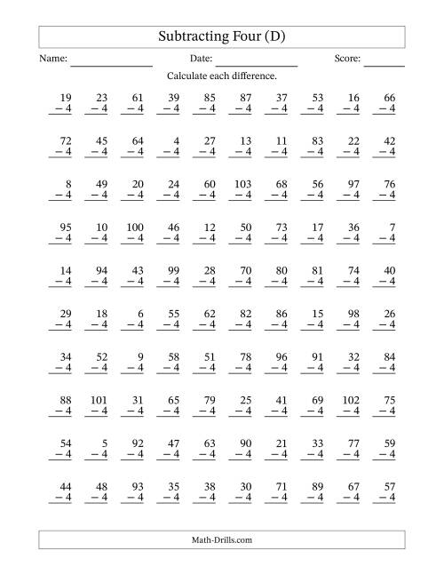 The Subtracting Four With Differences from 0 to 99 – 100 Questions (D) Math Worksheet