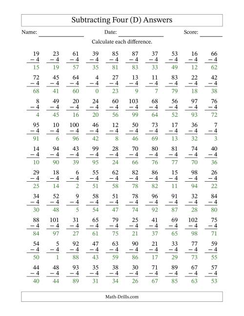 The Subtracting Four With Differences from 0 to 99 – 100 Questions (D) Math Worksheet Page 2