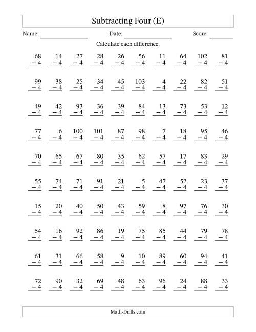 The Subtracting Four With Differences from 0 to 99 – 100 Questions (E) Math Worksheet
