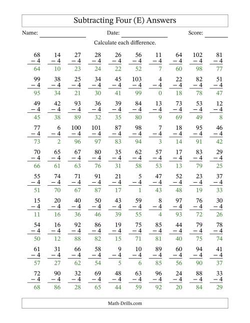 The Subtracting Four With Differences from 0 to 99 – 100 Questions (E) Math Worksheet Page 2