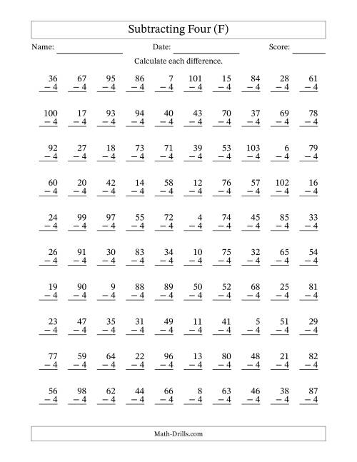 The Subtracting Four With Differences from 0 to 99 – 100 Questions (F) Math Worksheet