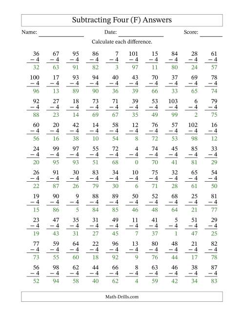 The Subtracting Four With Differences from 0 to 99 – 100 Questions (F) Math Worksheet Page 2