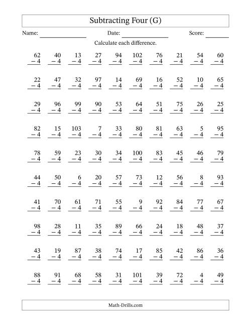 The Subtracting Four With Differences from 0 to 99 – 100 Questions (G) Math Worksheet