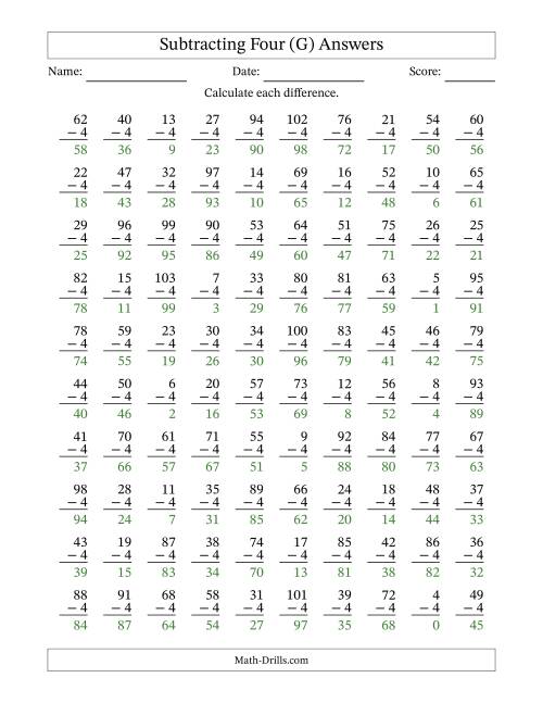 The Subtracting Four With Differences from 0 to 99 – 100 Questions (G) Math Worksheet Page 2