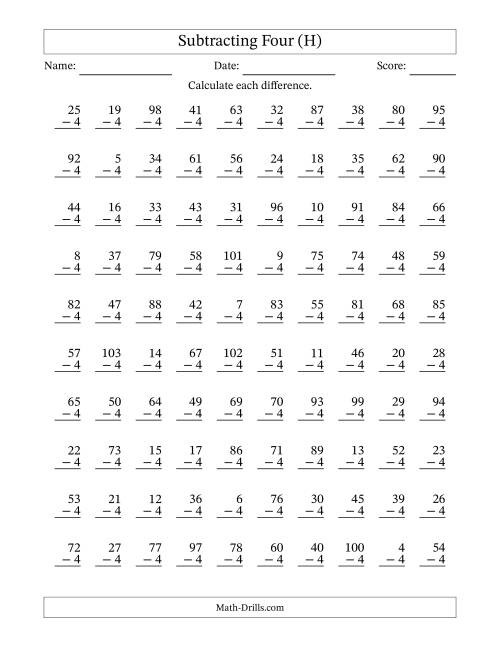 The Subtracting Four With Differences from 0 to 99 – 100 Questions (H) Math Worksheet