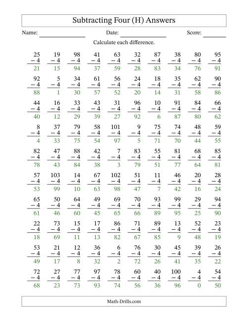 The Subtracting Four With Differences from 0 to 99 – 100 Questions (H) Math Worksheet Page 2