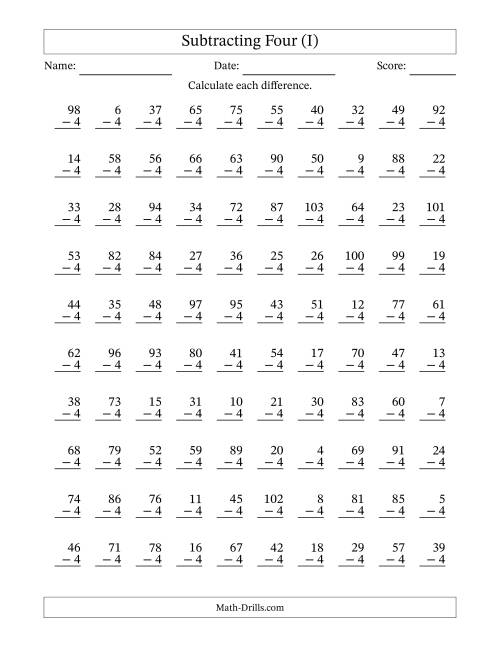 The Subtracting Four With Differences from 0 to 99 – 100 Questions (I) Math Worksheet