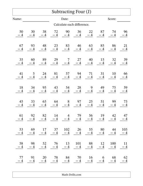The Subtracting Four With Differences from 0 to 99 – 100 Questions (J) Math Worksheet