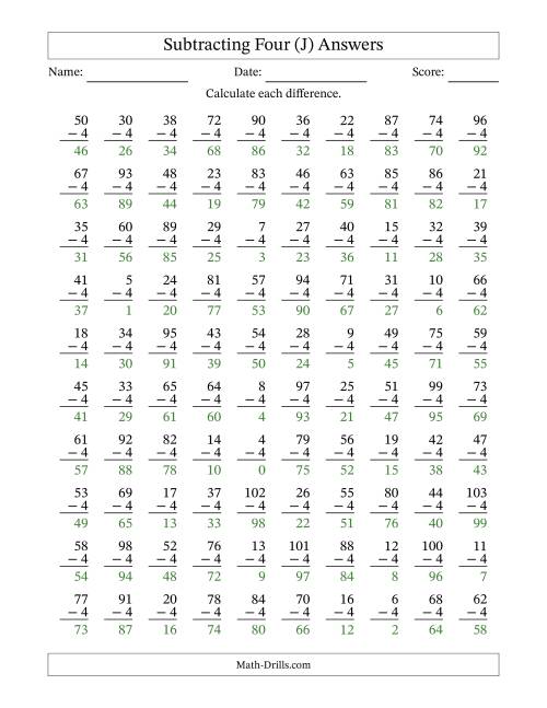 The Subtracting Four With Differences from 0 to 99 – 100 Questions (J) Math Worksheet Page 2