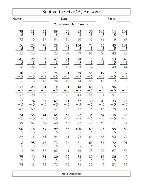 The Subtracting Five (5) with Differences 0 to 99 (100 Questions) (A) Math Worksheet Page 2