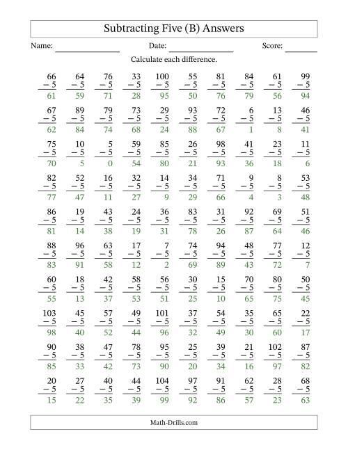 The Subtracting Five With Differences from 0 to 99 – 100 Questions (B) Math Worksheet Page 2