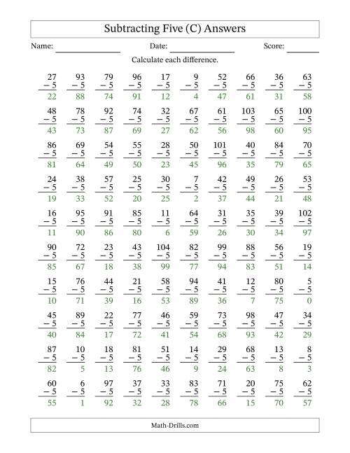 The Subtracting Five With Differences from 0 to 99 – 100 Questions (C) Math Worksheet Page 2